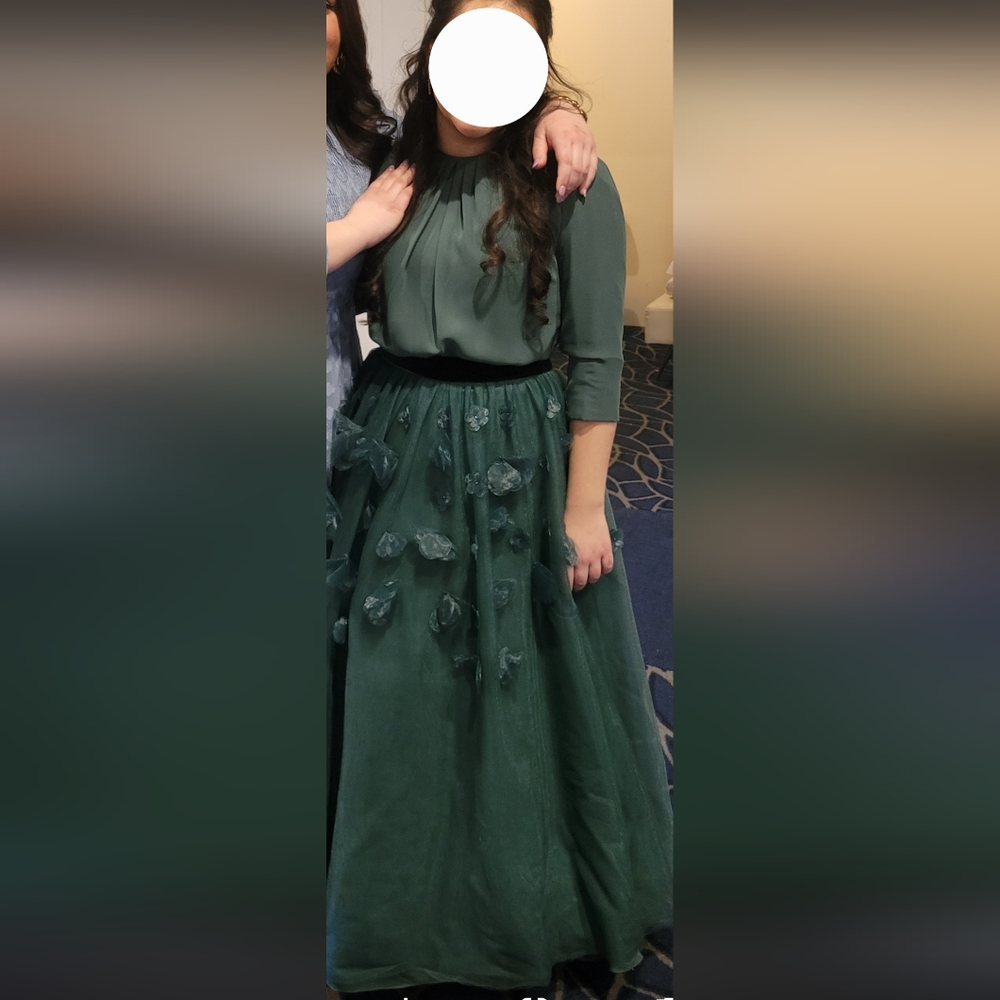 Bridal Direct Green Gown with Satin Belt and Flower Appliqué Hem 3/4 Sleeve